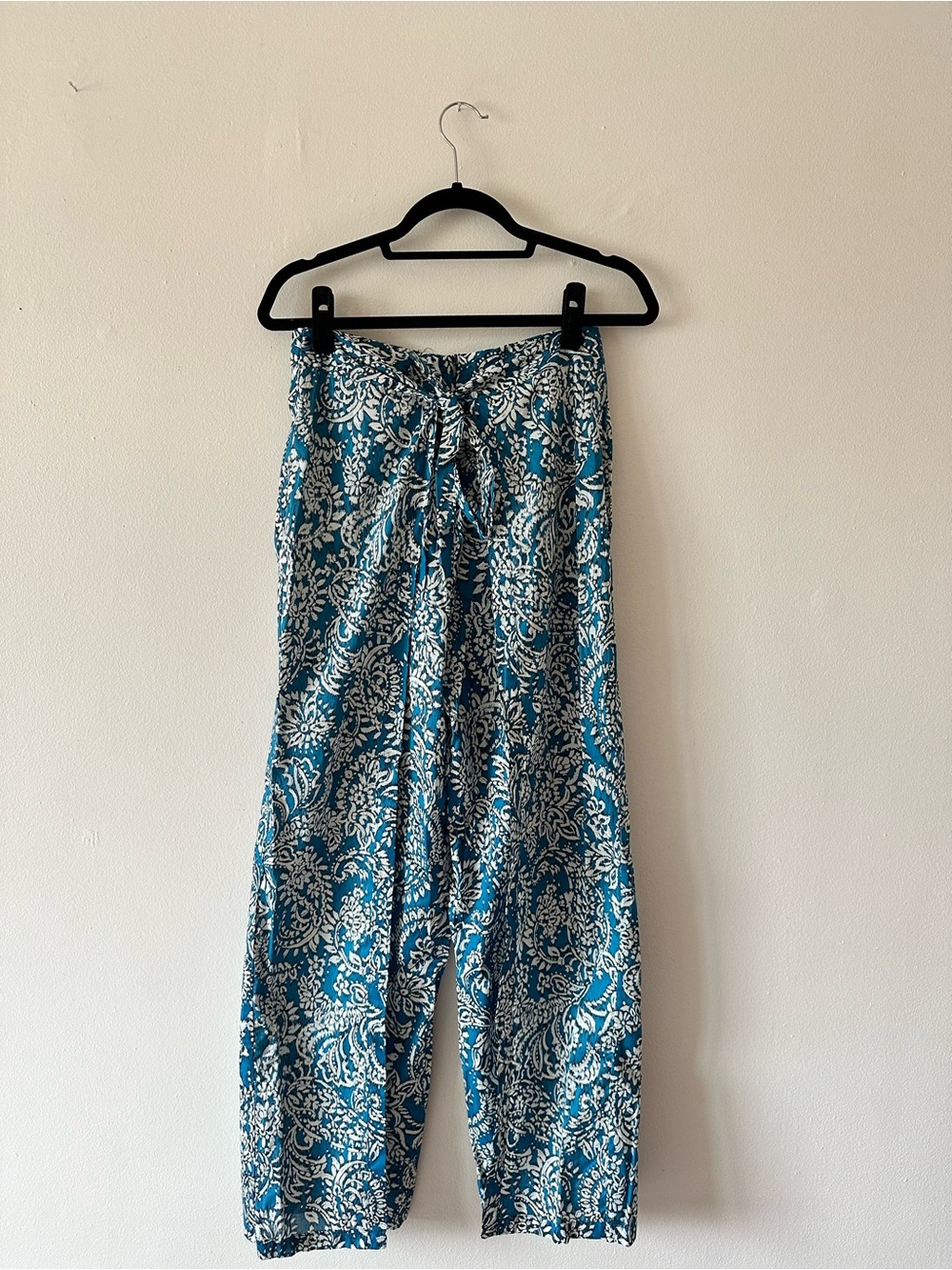 Zara Teal and White Printed Tie-Waist Pants